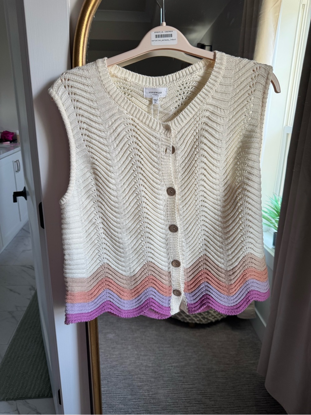 Annie Cream Knit Sleeveless Cardigan with Pink, Orange & Purple Stripes